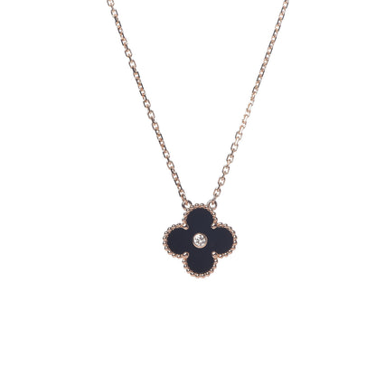 Van Cleef & Arpels 18K Rose Gold Diamond Black Onyx Vintage Alhambra Pendant Necklace 4 of 6