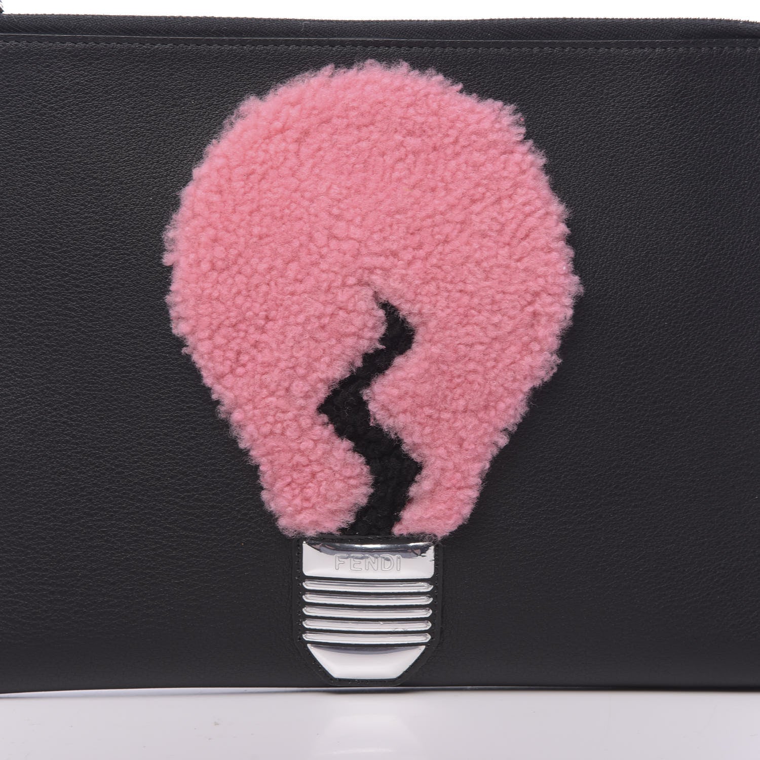Fendi Vitello Dolce Shearling Lightbulb Zip Around Pouch Black Bubblegum 5 of 8