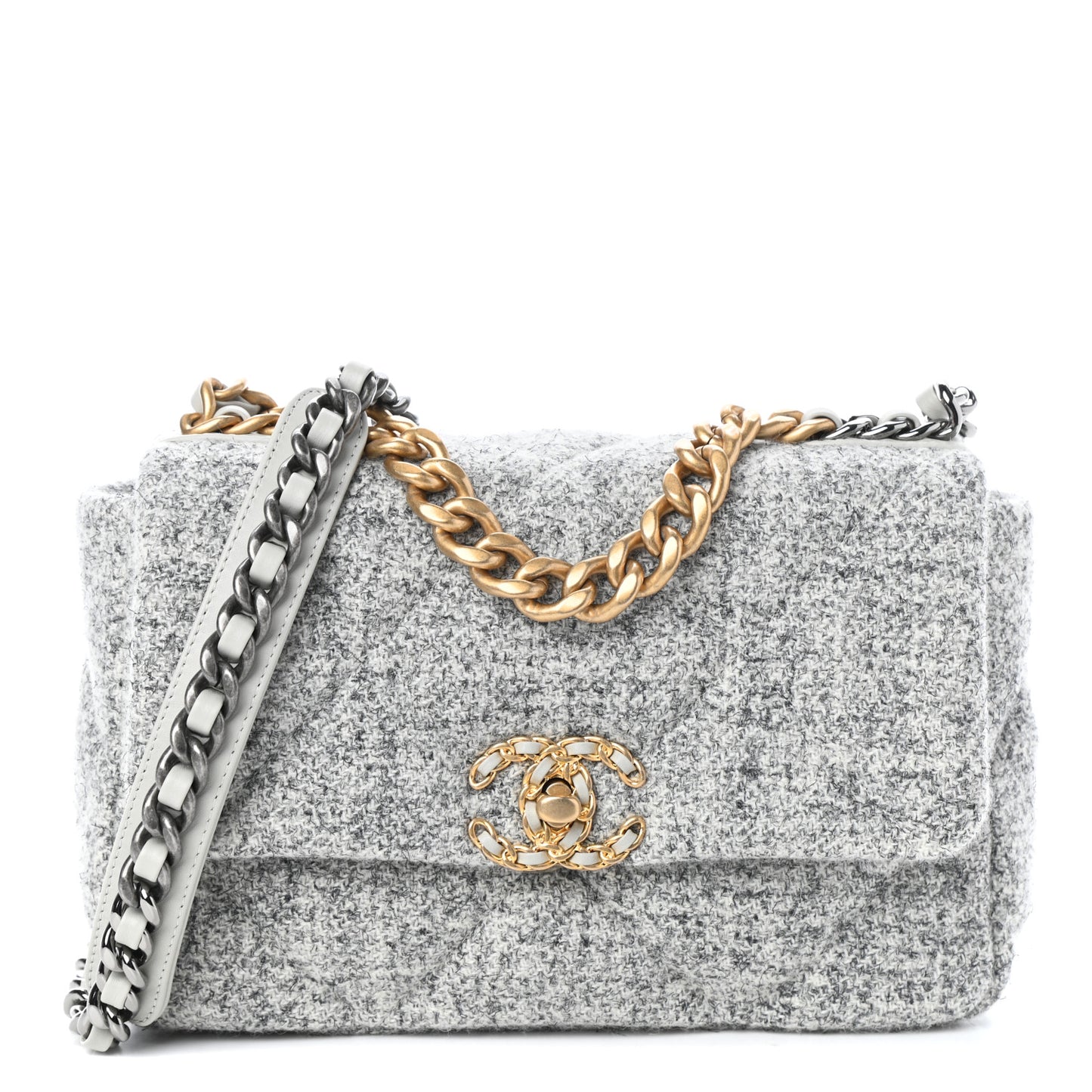 Tweed Quilted Medium Chanel 19 Flap Grey Ecru