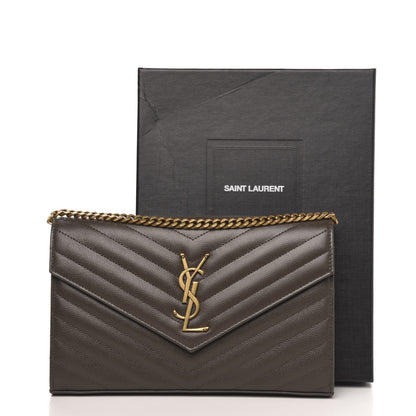 Saint Laurent Grain De Poudre Matelasse Chevron Monogram Chain Wallet Pebble 10 of 10