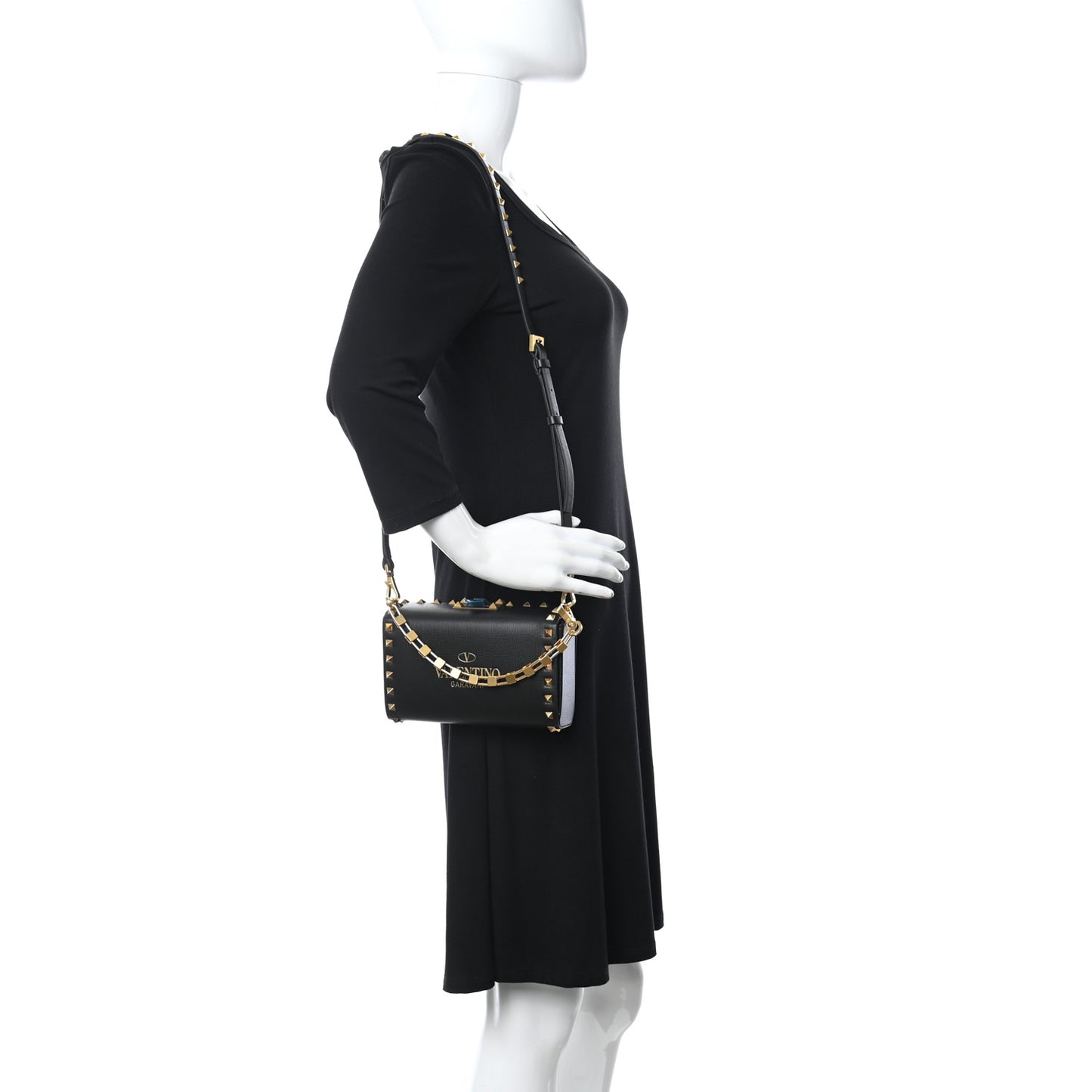 Grainy Calfskin Rockstud Alcove Box Clutch Black
