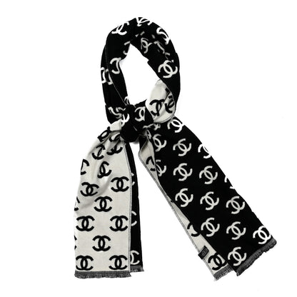 Chanel Wool Cashmere CC Scarf Black White 1 of 4