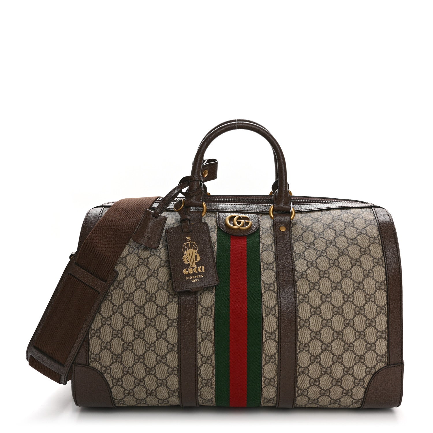 Gucci GG Supreme Monogram Textured Dollar Calfskin Web Medium Savoy Duffle Bag Beige Ebony New Acero 1 of 9