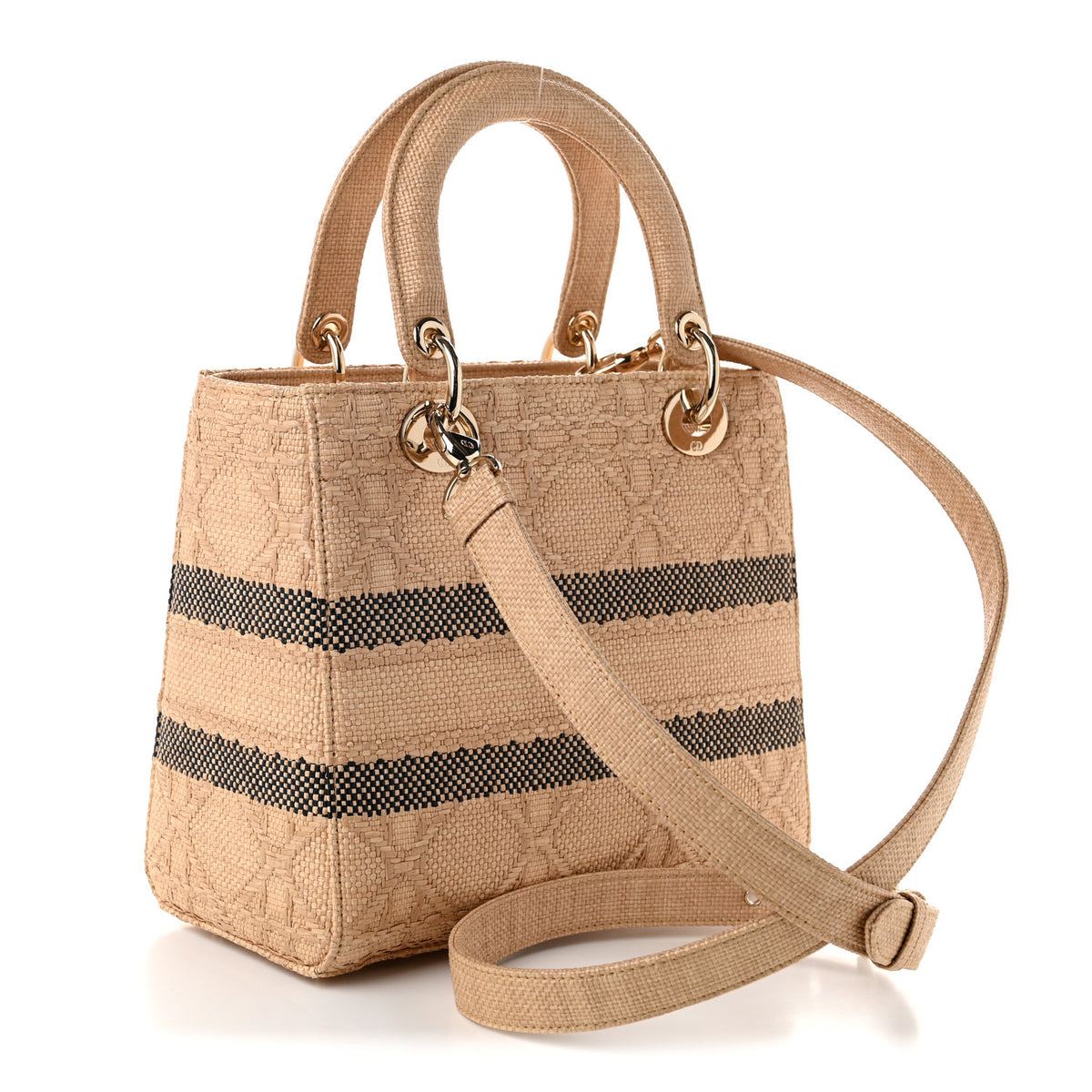 Raffia Woven Cannage Embroidered Medium Lady D-Lite Natural Black