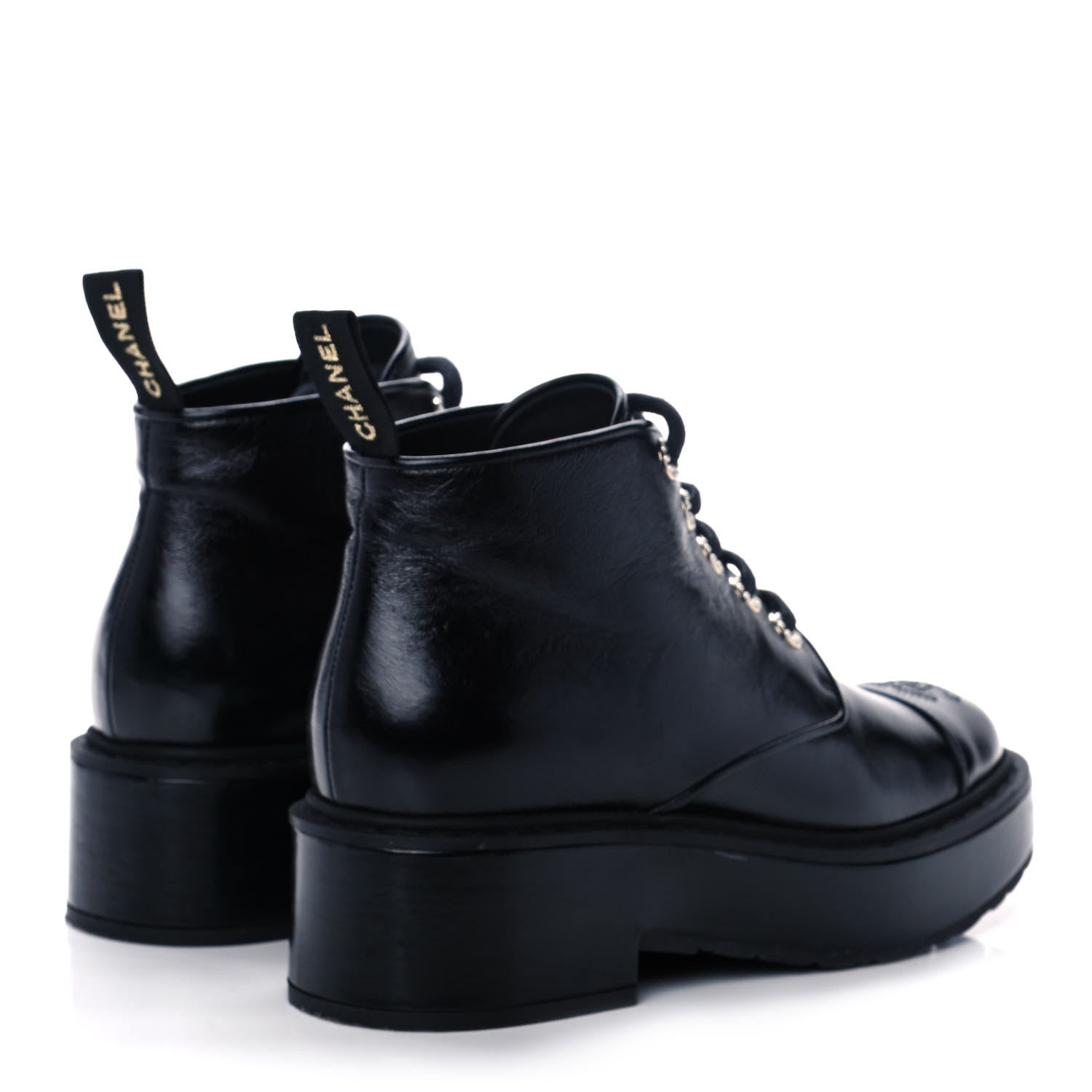 Chanel Shiny Calfskin Pearl Lace Up Combat Short Boots 38.5 Black 4 of 9