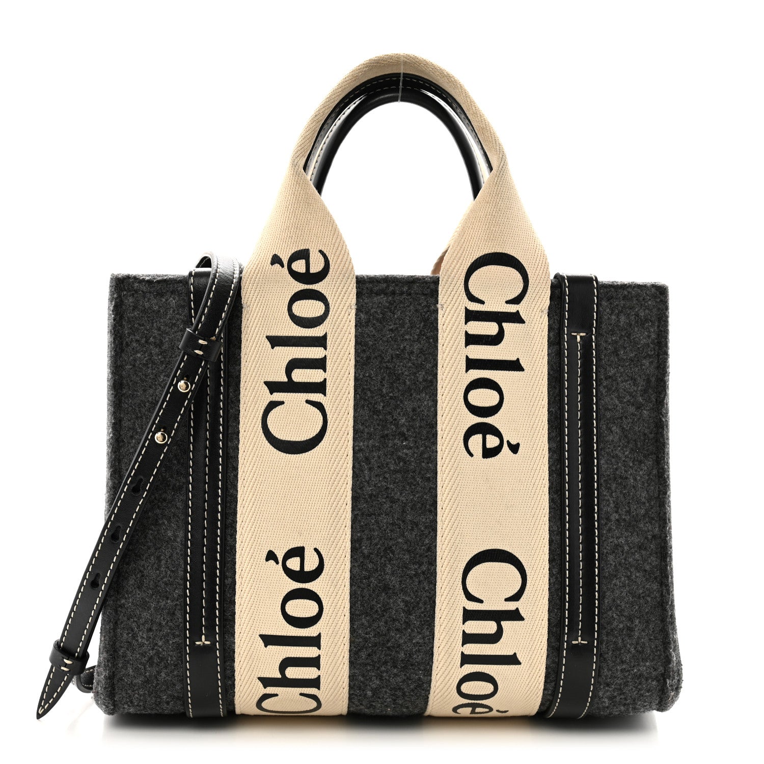 Chloe Felt Calfskin Small Woody Ribbon Tote With Strap Cashmere Grey 1 of 13