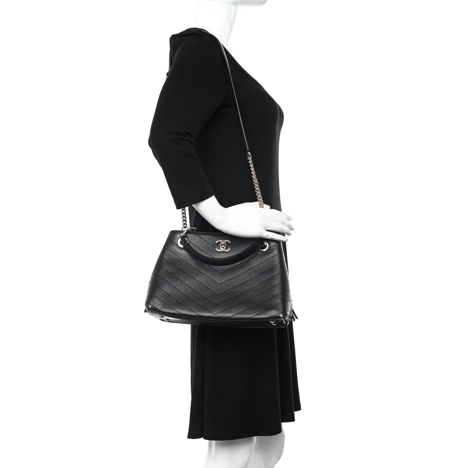 Chanel Calfskin Stitched Large Chevron Chic Shopping Bag Black 2 of 12