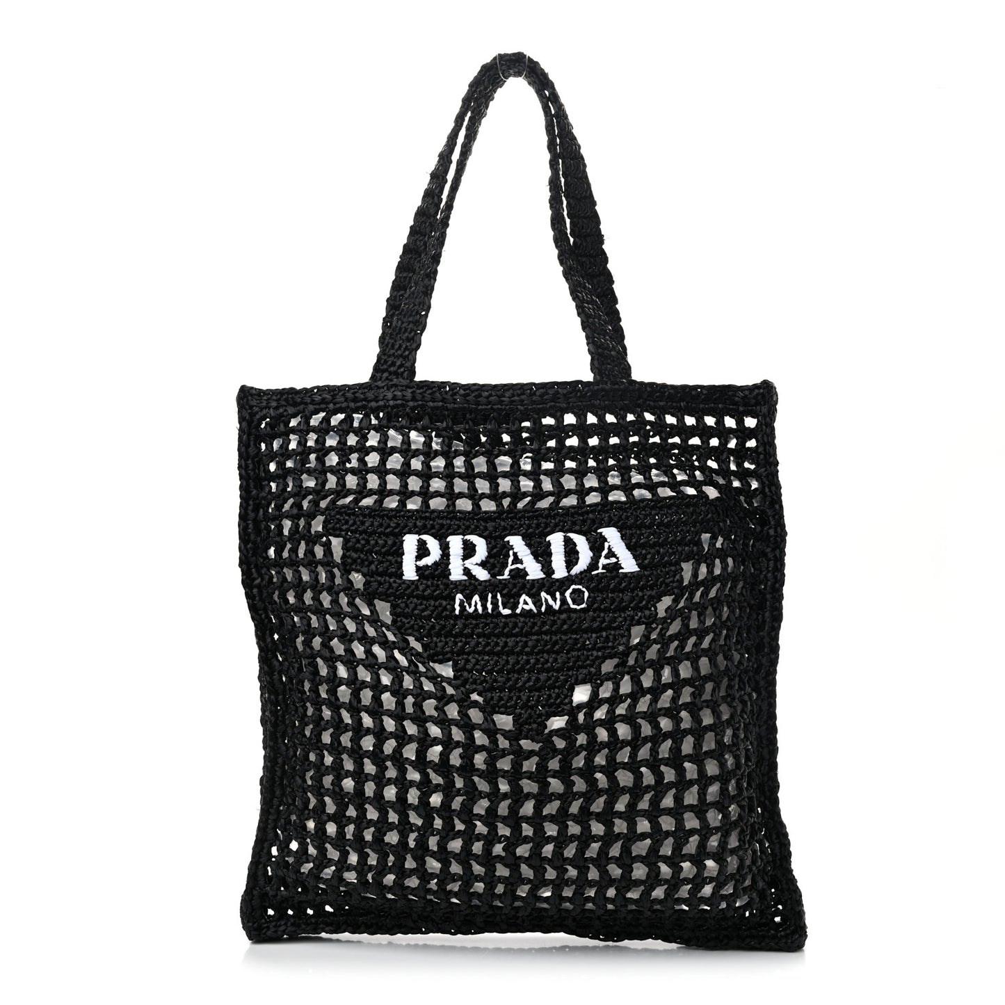 Yarn Raffia Effect Crochet Logo Embroidered Tote Bag Black