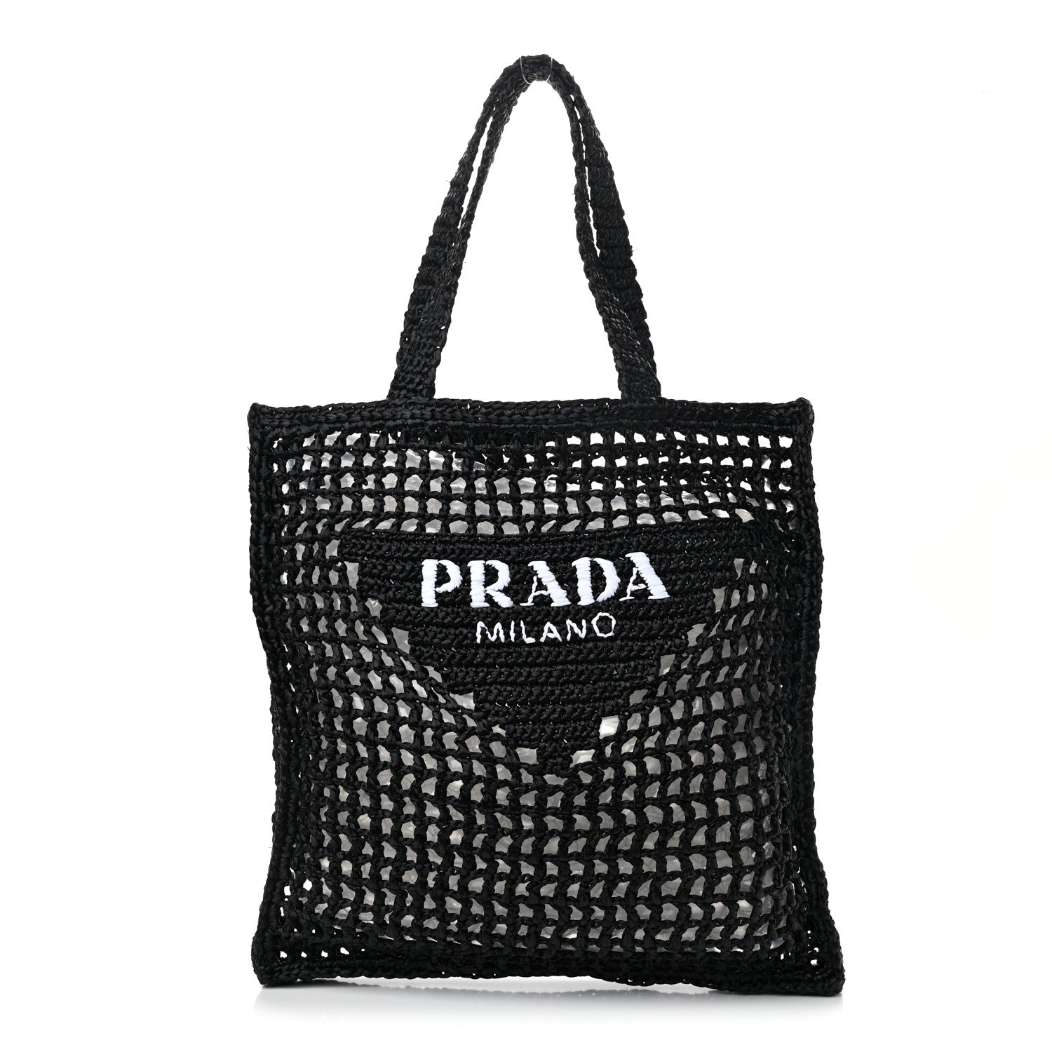 Prada Yarn Raffia Effect Crochet Logo Embroidered Tote Bag Black 1 of 9