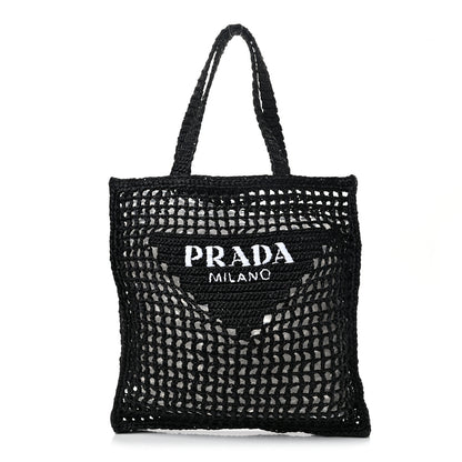 Prada Yarn Raffia Effect Crochet Logo Embroidered Tote Bag Black 1 of 9