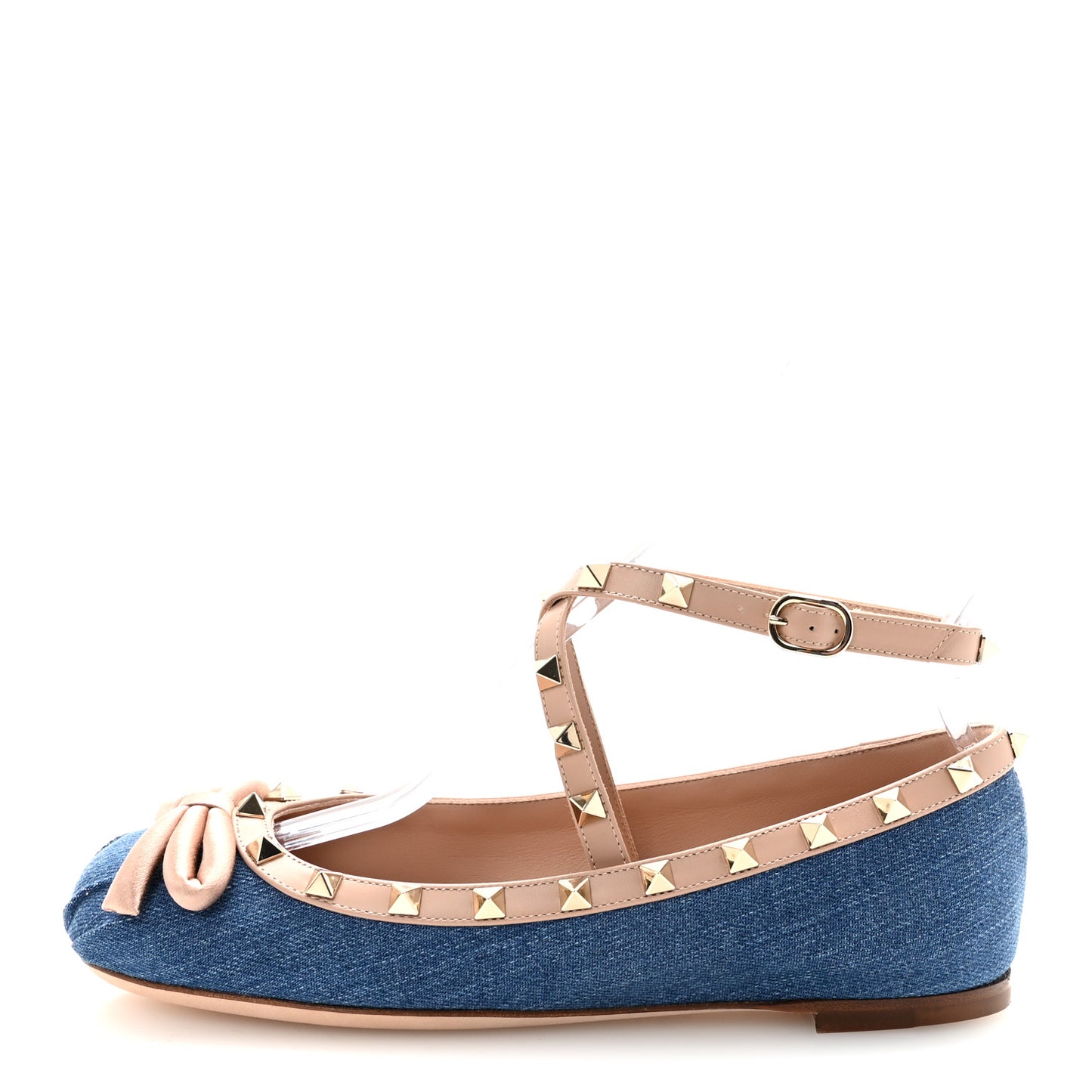 Denim Rockstud Bow Ankle Strap Ballerina Flats 37.5 Blue Rose Cannelle