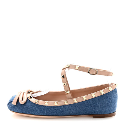 Valentino Garavani Denim Rockstud Bow Ankle Strap Ballerina Flats 37.5 Blue Rose Cannelle 1 of 10