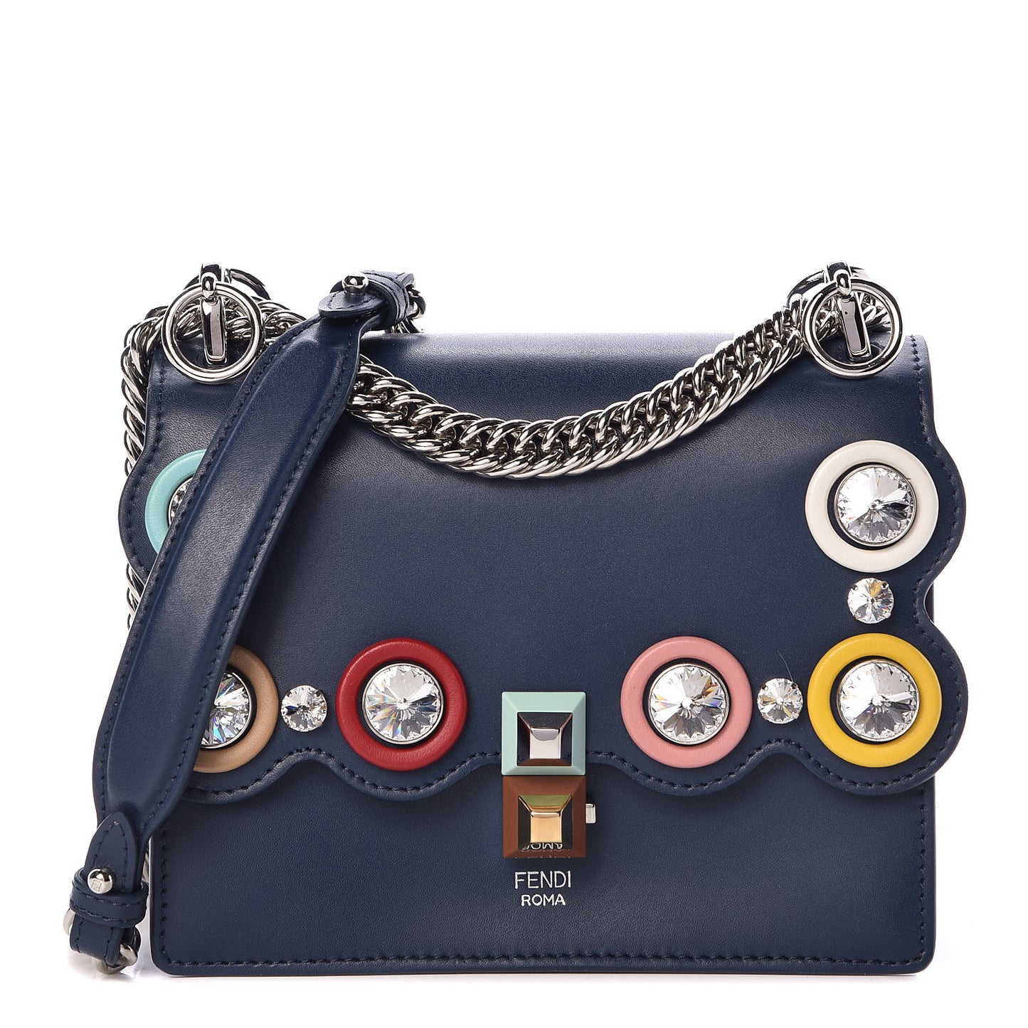 Calfskin Crystal Studded Small Kan I Shoulder Bag Blueberry Multicolor