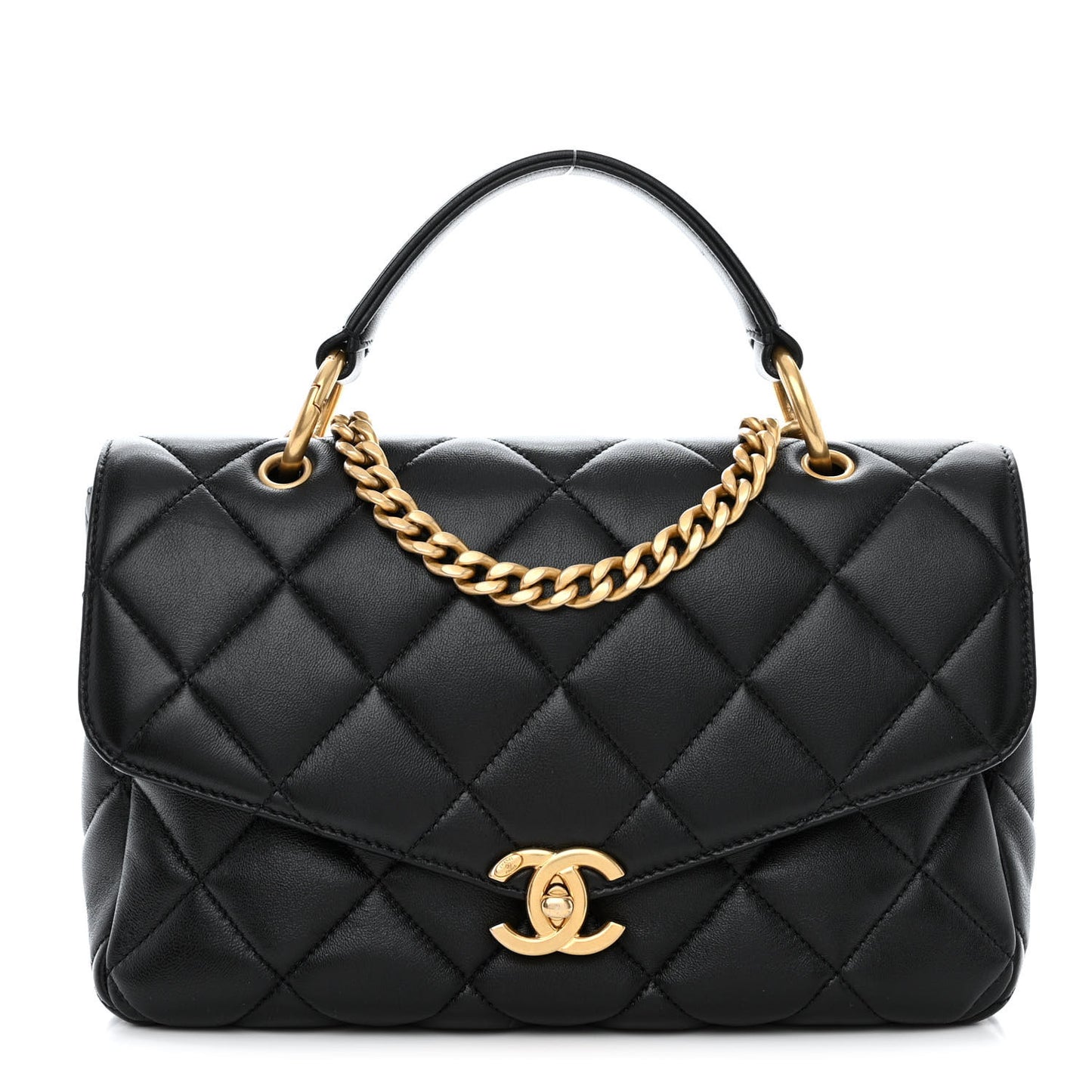 Lambskin Quilted Top Handle Flap Black
