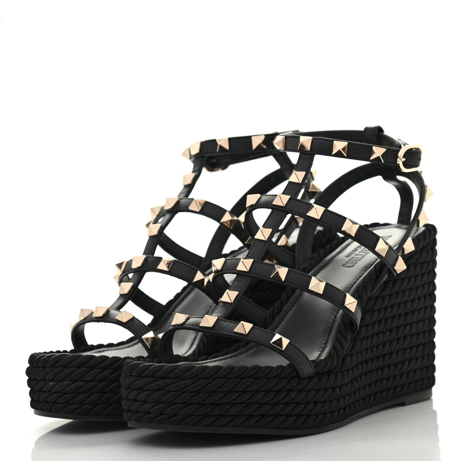 Valentino Garavani Calfskin Rockstud Ankle Strap Torchon Espadrille Caged 25/95mm Wedge Sandals 36 Black 3 of 8