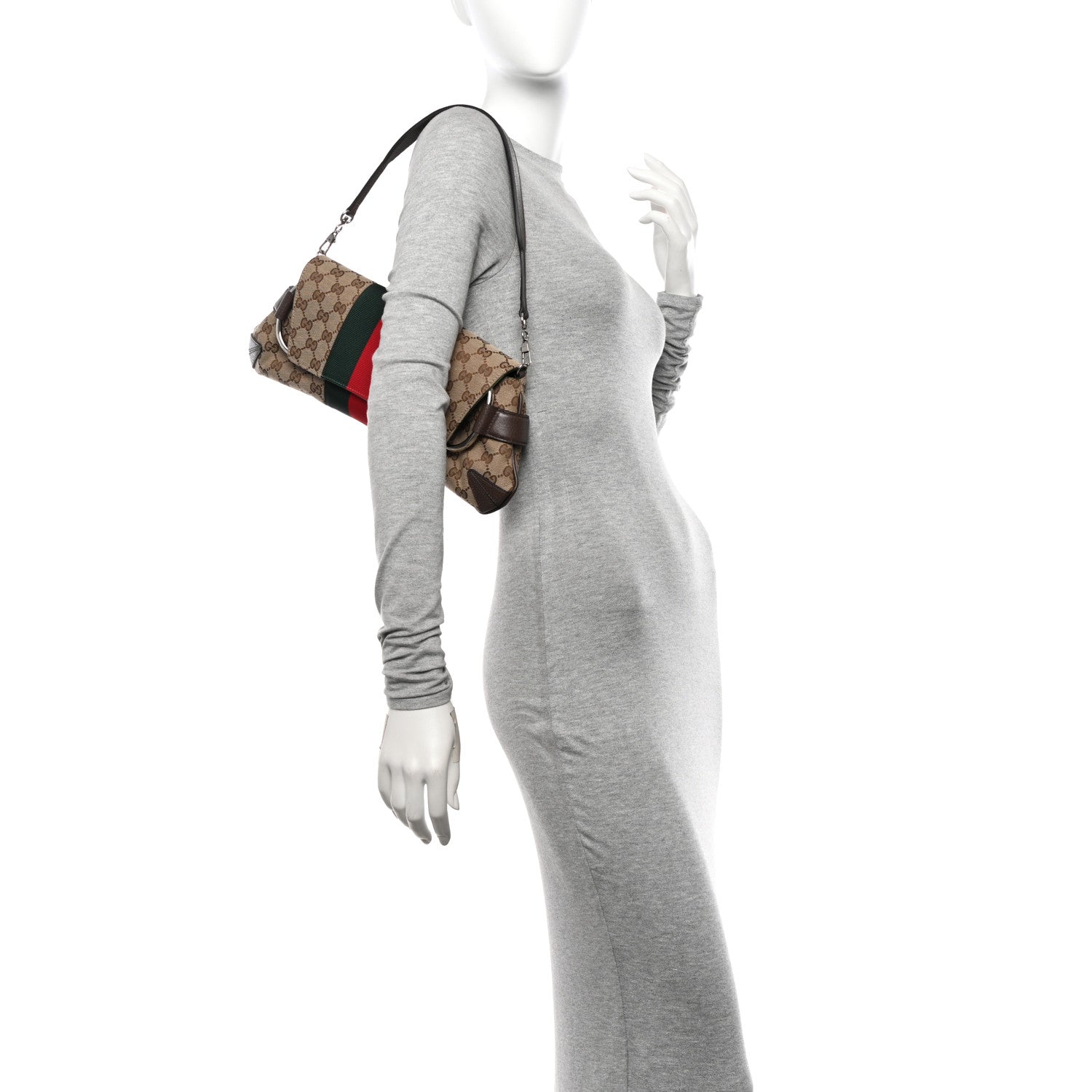 Gucci Monogram Textured Dollar Calfskin Heavy Grosgrain Web Medium Maxi Horsebit Chain Shoulder Bag Beige Ebony New Acero 2 of 9
