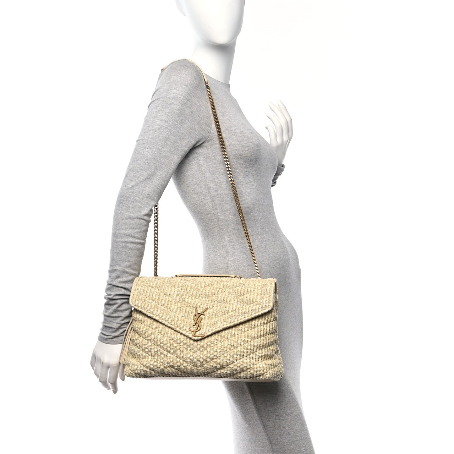 Raffia Quilted Medium Loulou Chain Satchel Natural