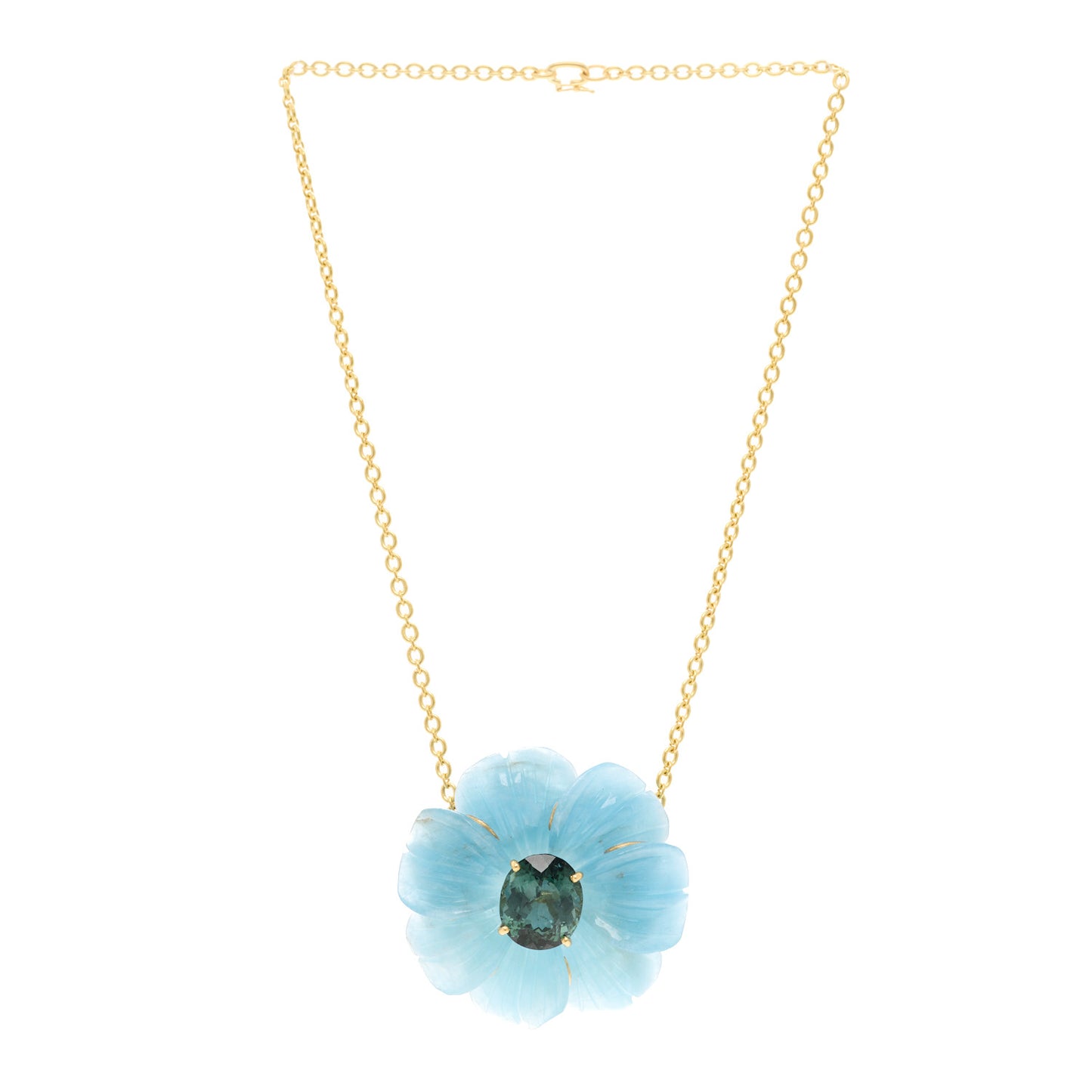 18K Yellow Gold Aquamarine Green Tourmaline Flower Pendant Necklace