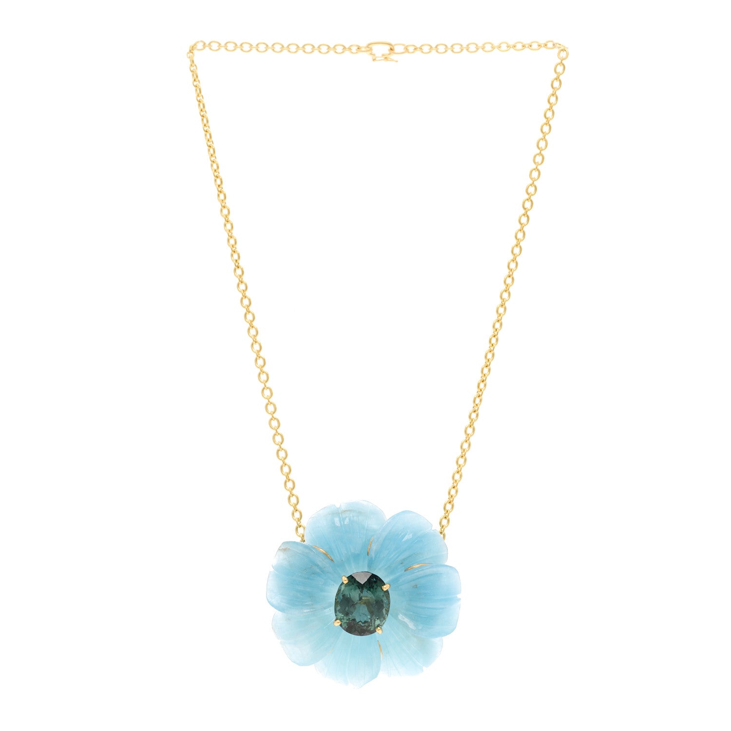 Irene Neuwirth 18K Yellow Gold Aquamarine Green Tourmaline Flower Pendant Necklace 3 of 6
