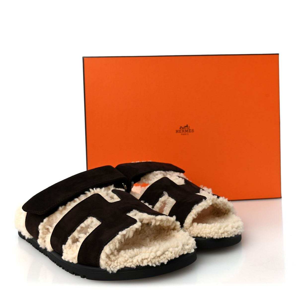 Hermes Suede Goatskin Woolskin Womens Chypre Sandals 38 Marron Ebene 9 of 9