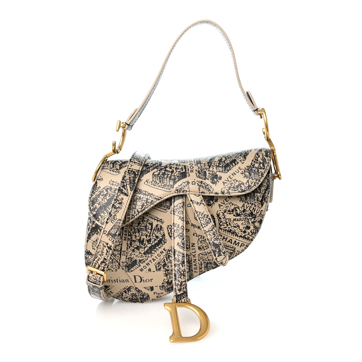 Christian Dior Calfskin Plan De Paris Printed Saddle Bag With Strap Beige Black 1 of 10
