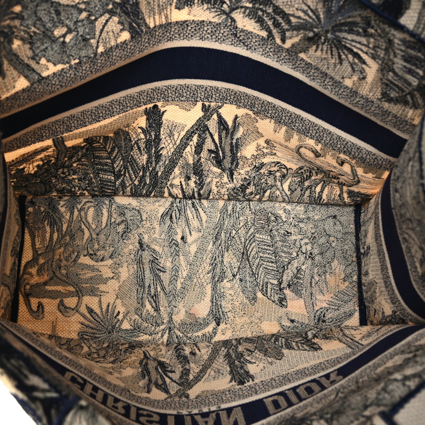 Canvas Embroidered Large Palm Tree Toile De Jouy Book Tote Blue