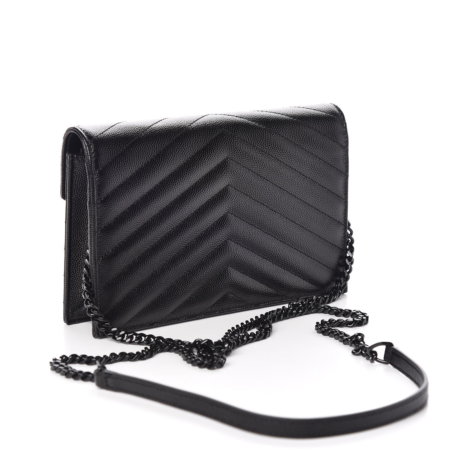 Saint Laurent Grain De Poudre Matelasse Chevron Monogram Envelope Chain Wallet Black 3 of 10