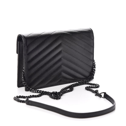 Saint Laurent Grain De Poudre Matelasse Chevron Monogram Envelope Chain Wallet Black 3 of 10