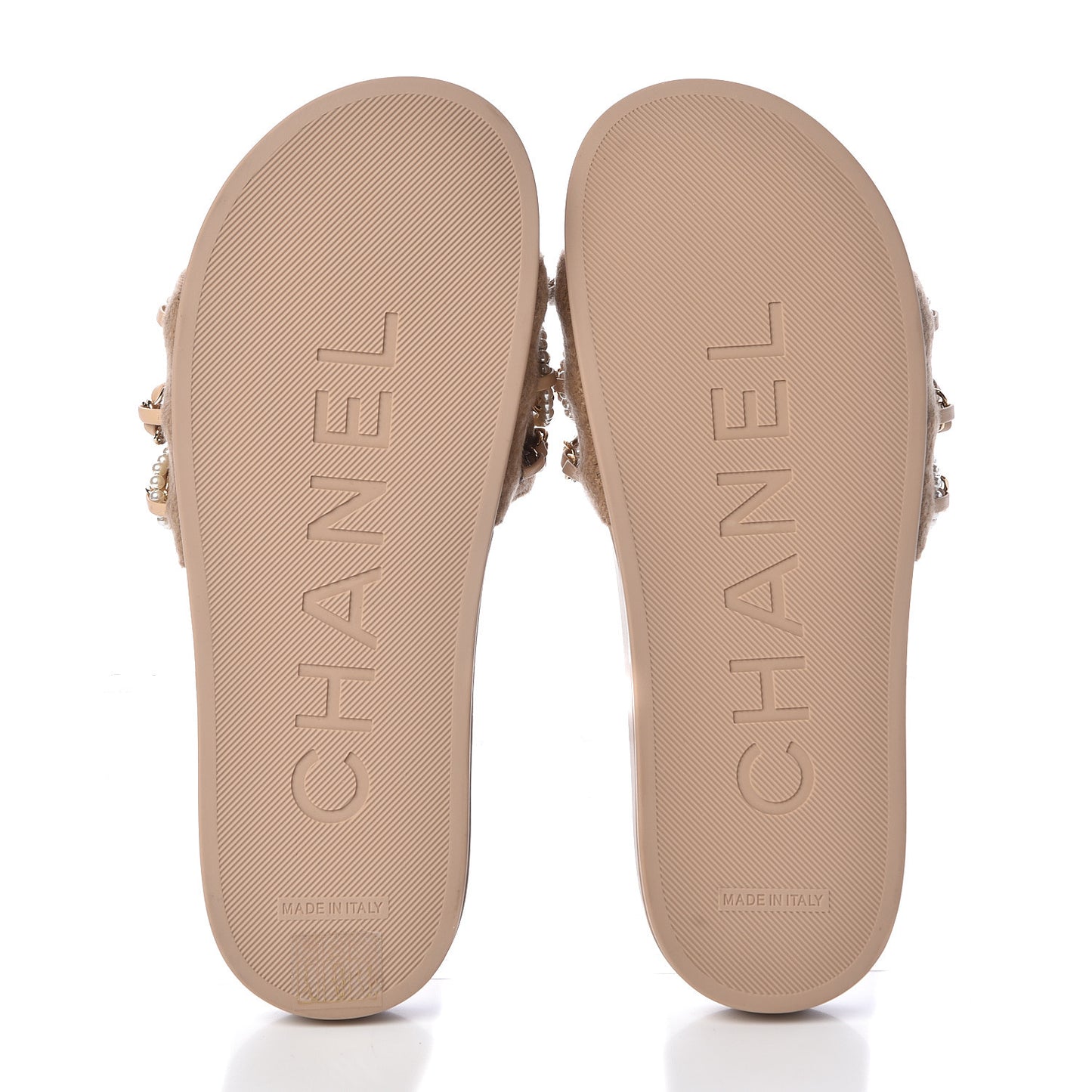 Tweed Pearl Chain Flat Sandals 38 Beige