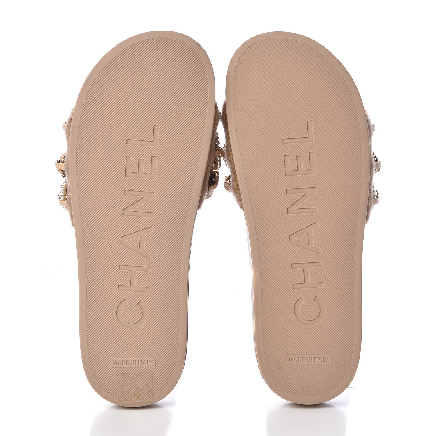 Chanel Tweed Pearl Chain Flat Sandals 38 Beige 5 of 8