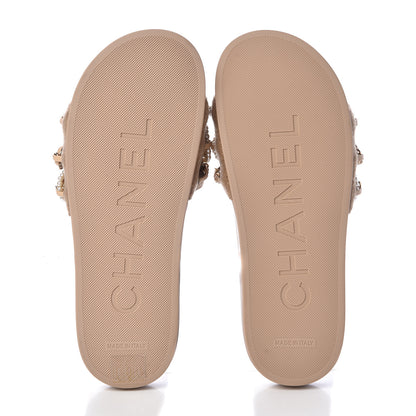 Chanel Tweed Pearl Chain Flat Sandals 38 Beige 5 of 8