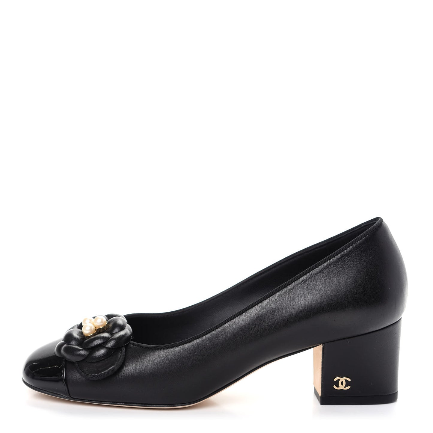 Lambskin Patent Calfskin Pearl Camellia Cap Toe Pumps 37 Black