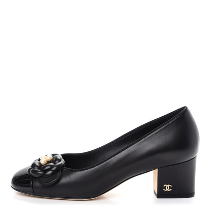 Chanel Lambskin Patent Calfskin Pearl Camellia Cap Toe Pumps 37 Black 1 of 11