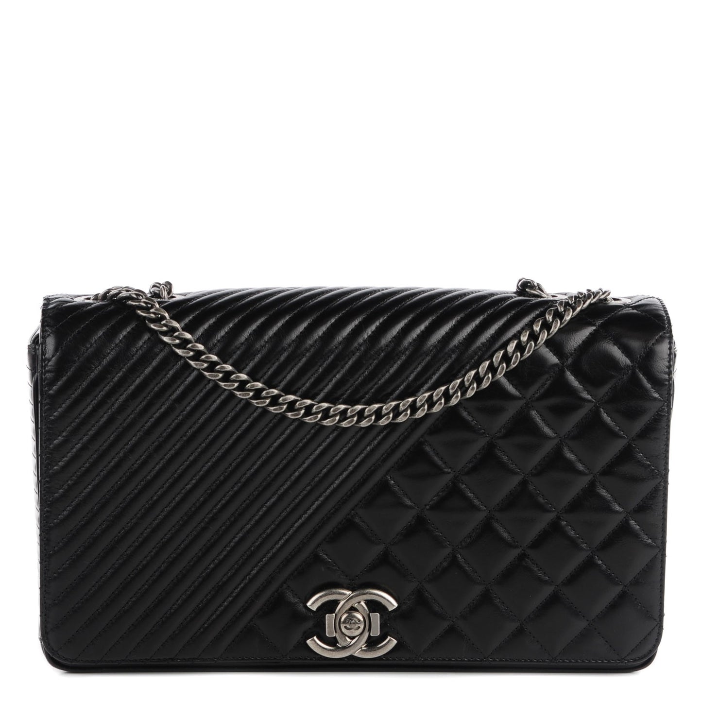 Glazed Calfskin Quilted Large Coco Boy Flap Black