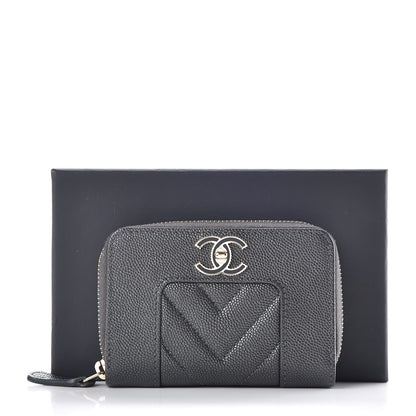 Chanel Metallic Caviar Chevron Quilted Vintage Mademoiselle Zip Coin Purse Dark Grey 10 of 10