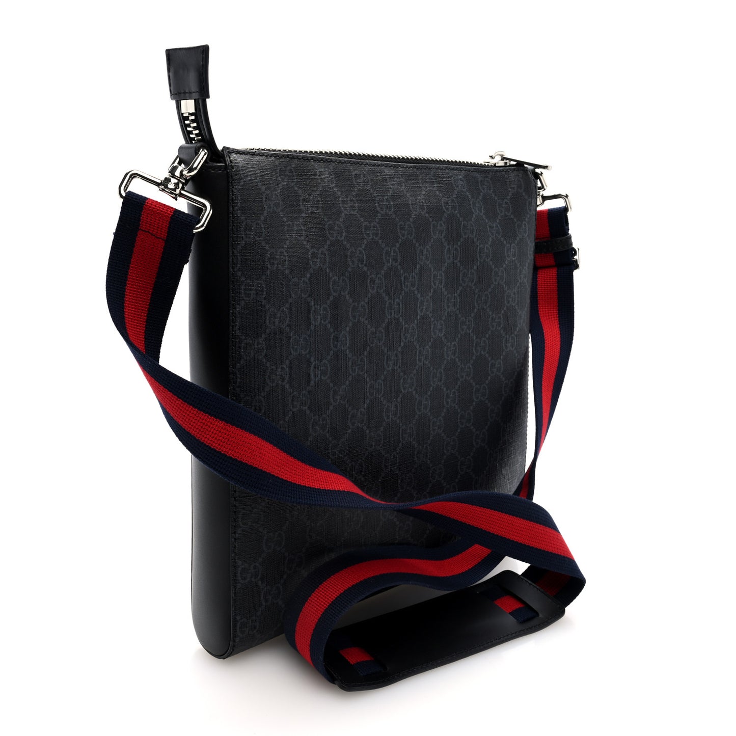 GG Supreme Monogram Appia Calfskin Web Flat Messenger Bag Black Grey