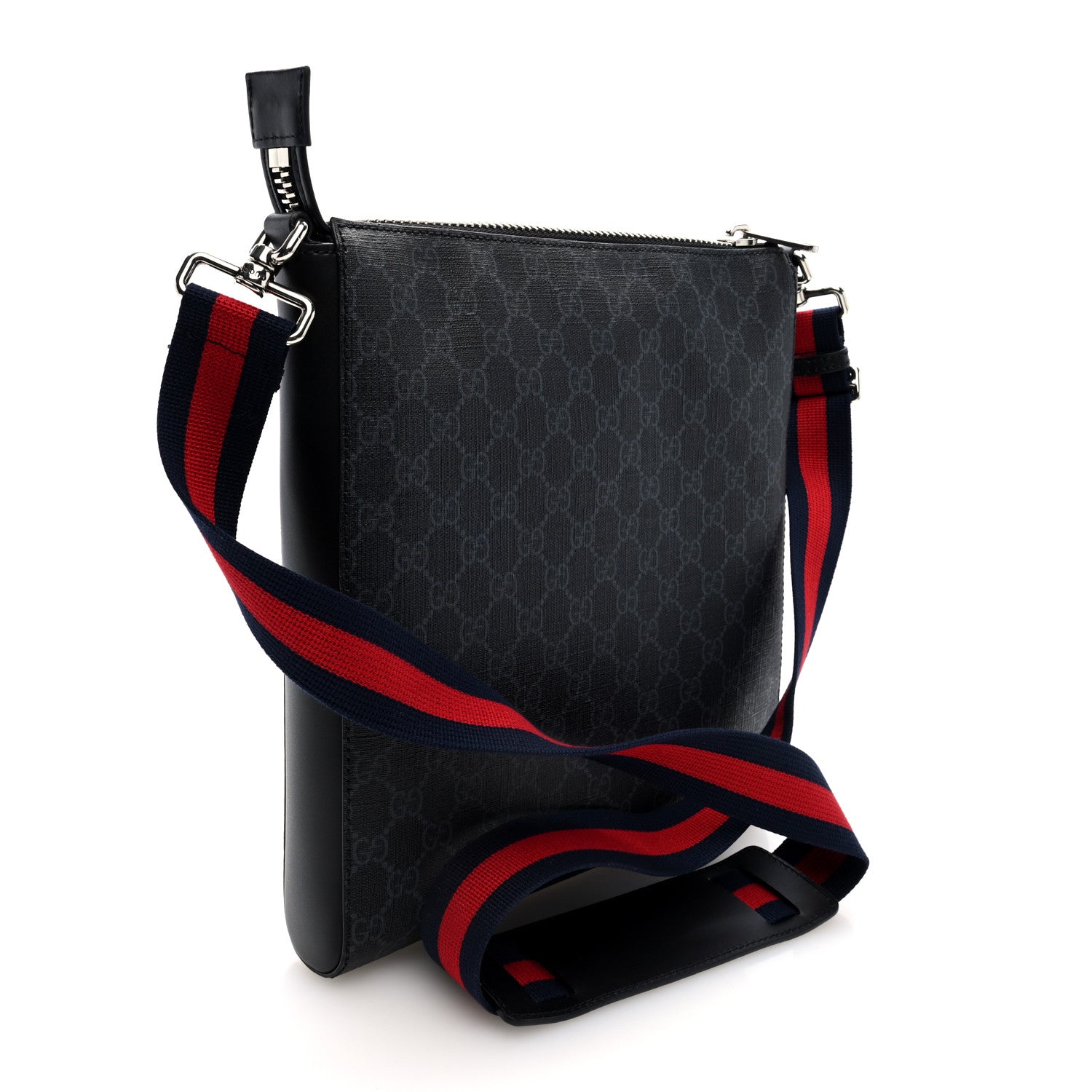 Gucci GG Supreme Monogram Appia Calfskin Web Flat Messenger Bag Black Grey 3 of 9