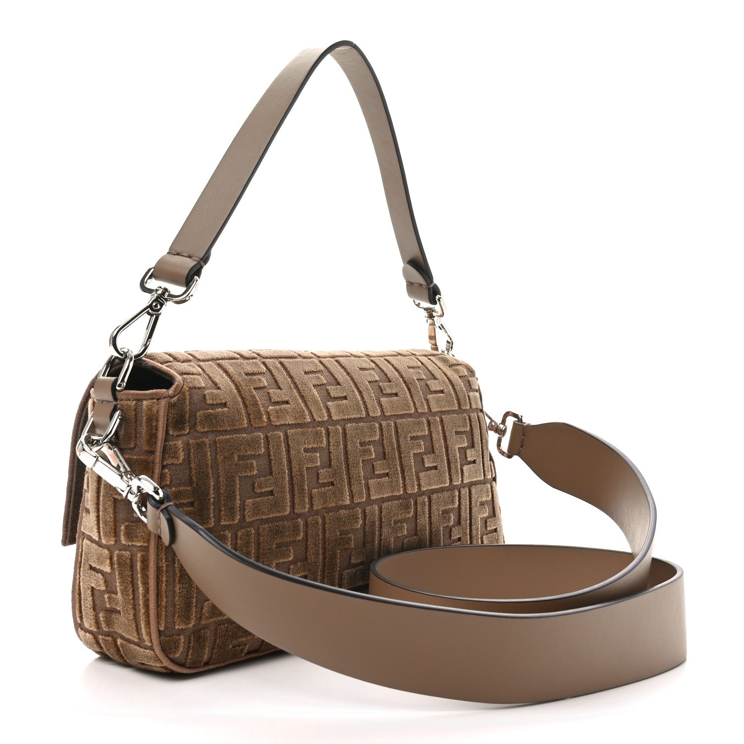 Fendi Velvet Jacquard FF Crystal Embossed Baguette Cappuccino 3 of 11