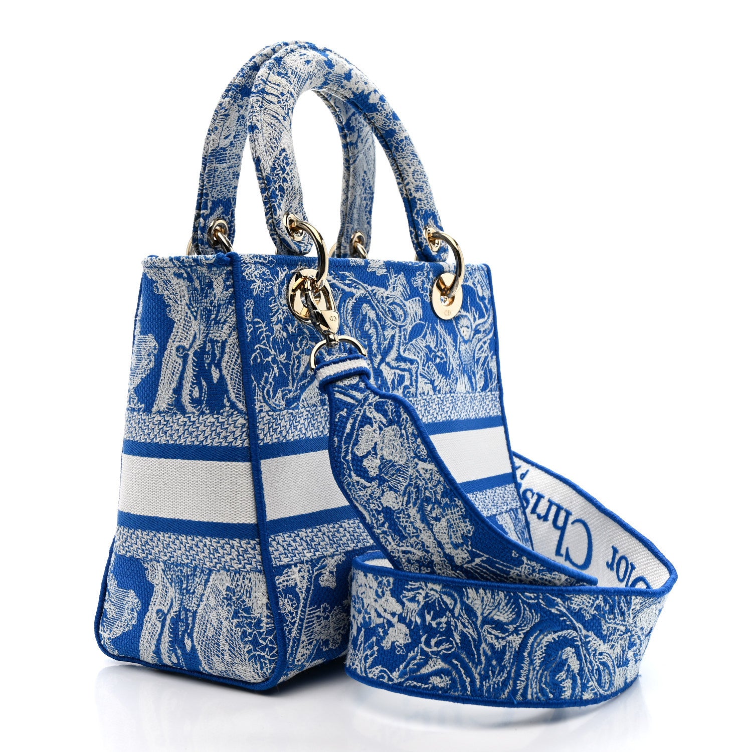 Christian Dior Canvas Toile De Jouy Reverse Embroidered Medium Lady D-Lite Fluorescent Blue 3 of 15