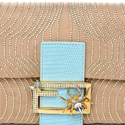 Fendi Fabric Calfskin Crystal Lizard Embossed Studded Baguette Tortora Celeste 10 of 12