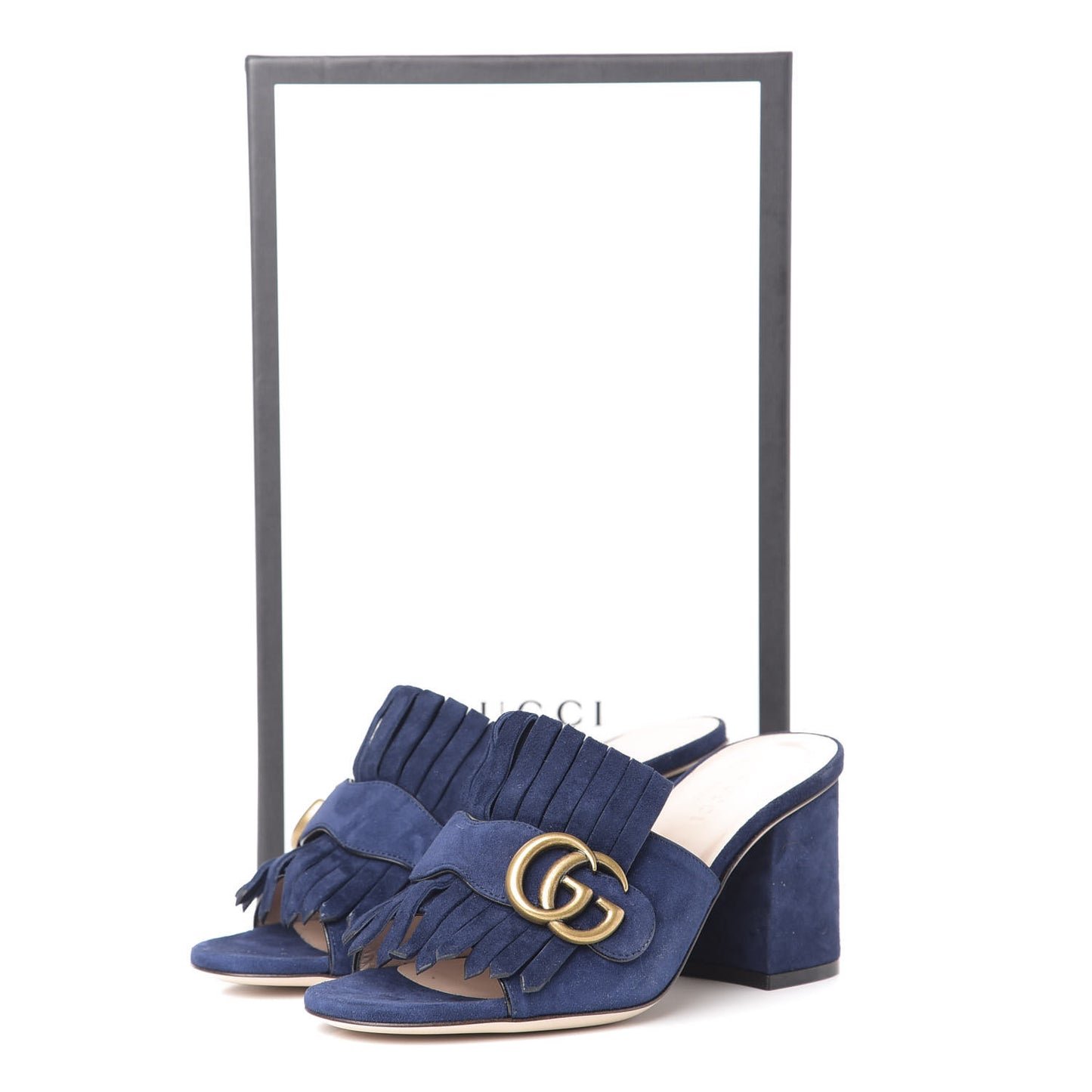 Kid Scamosciato GG Marmont Fringe 75mm Slide Sandals 35 Blue Ink