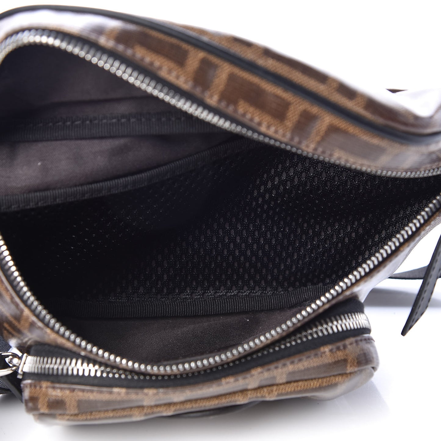 Glazed Fabric Vitello Century FF 1974 Stamp Patch Mens Pocket Belt Bag Mogano Panna Black