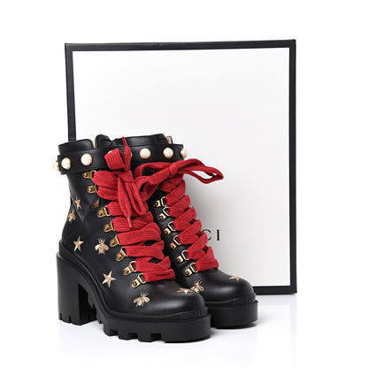 Gucci Calfskin Embroidered Lace Up Combat Ankle Boots 36.5 Black 8 of 8