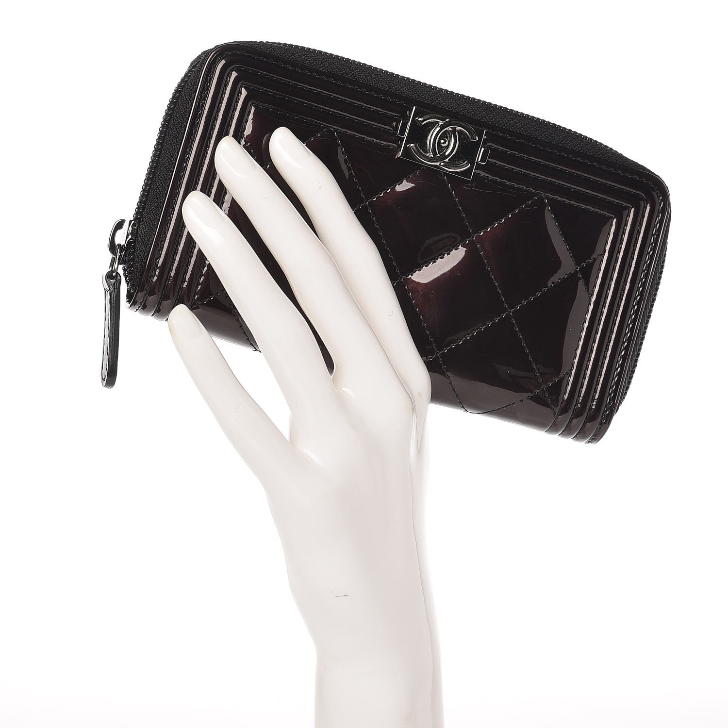 Chanel Patent Quilted Boy Zip Around Wallet Burgundy 2 of 9