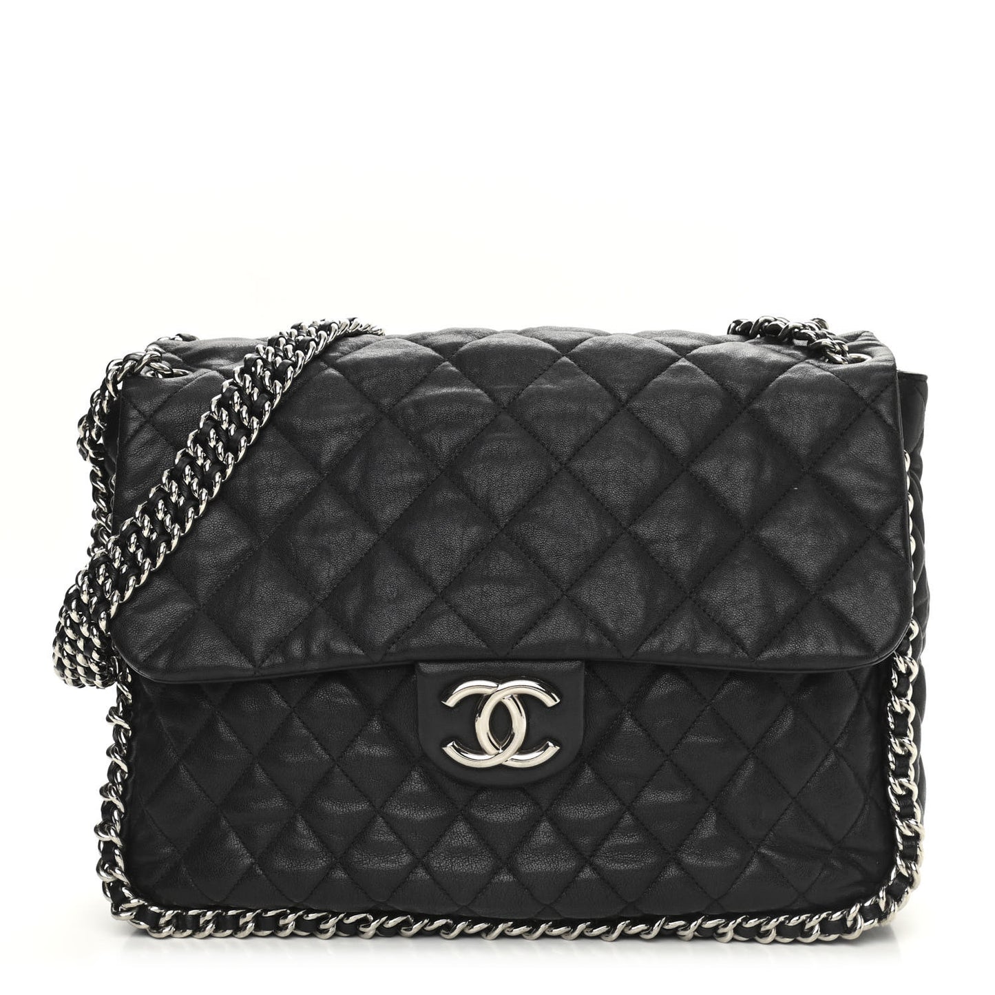 Washed Lambskin Quilted Maxi Chain Around Flap Black