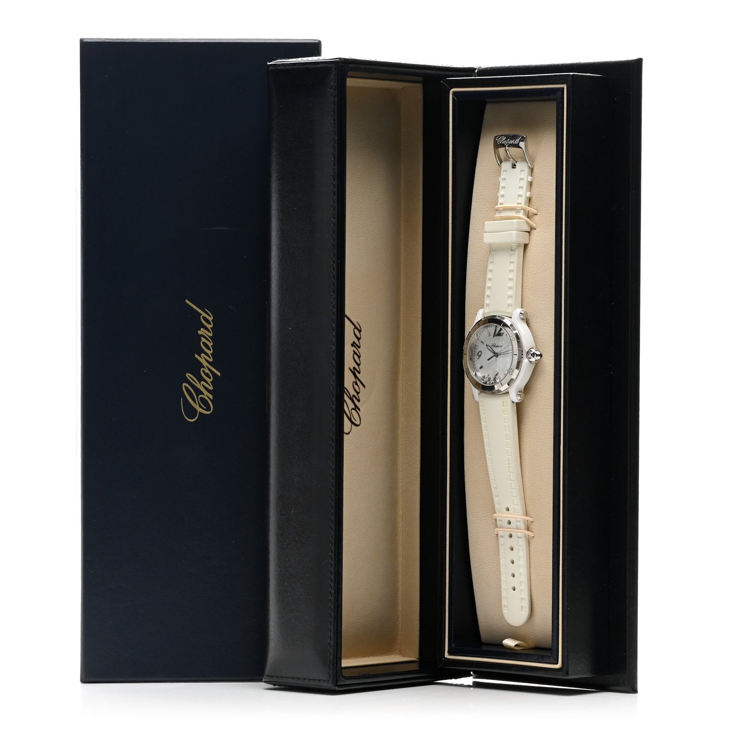 Stainless Steel Rubber 3 Floating Diamond 38mm Happy Sport Watch White