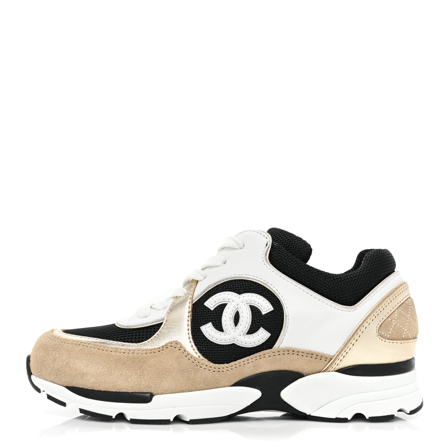 Chanel Mesh Suede Calfskin Womens CC Sneakers 36 White Black Beige Gold 1 of 9