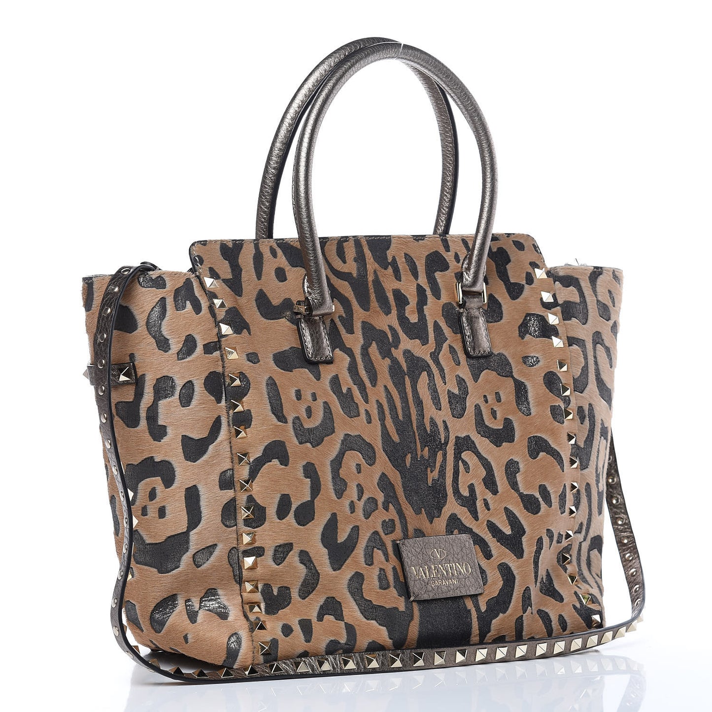 Calf Hair Leopard Print Rockstud Double Handle Tote