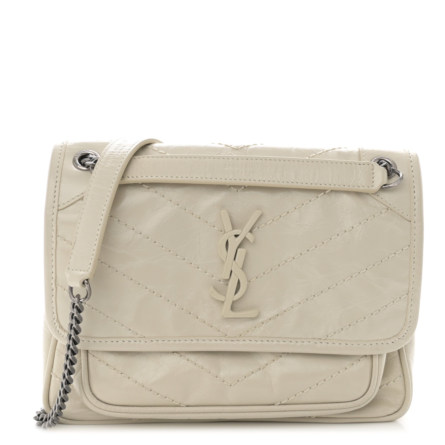 Saint Laurent Crinkled Calfskin Matelasse Monogram Baby Niki Chain Satchel Blanc Vintage 1 of 10