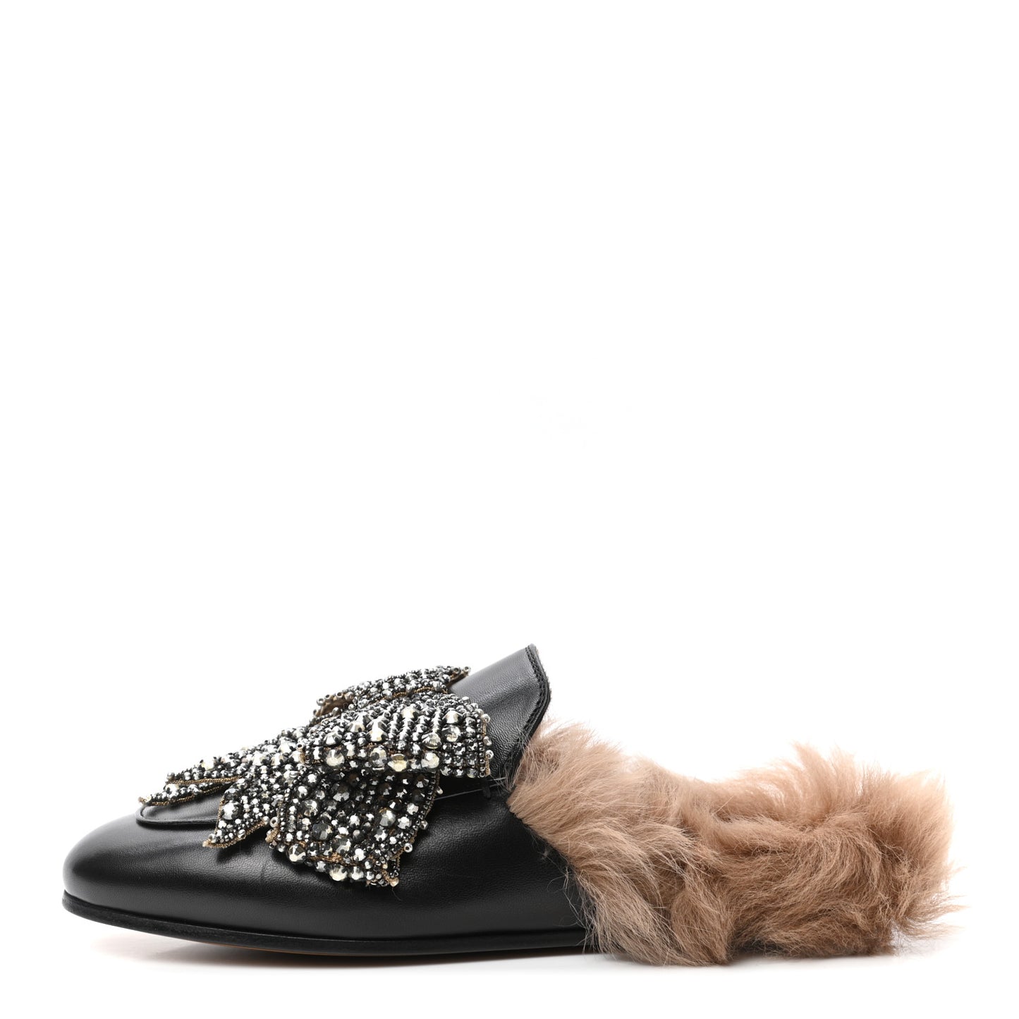 Malaga Kid Fur Crystal Bow Embroidered Womens Princetown Slippers 36.5 Black